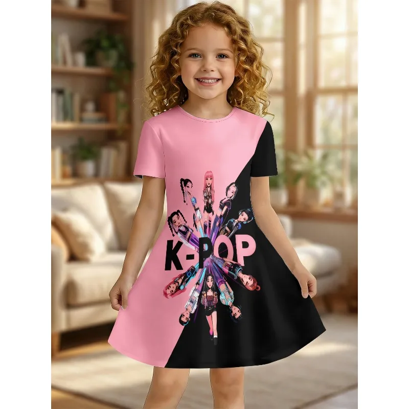 K-POP Idol Group Printed Dress, Pink and Black Patchwork Casual Dress, Suitable for Children's Fan Parties Birthdays and Gifting