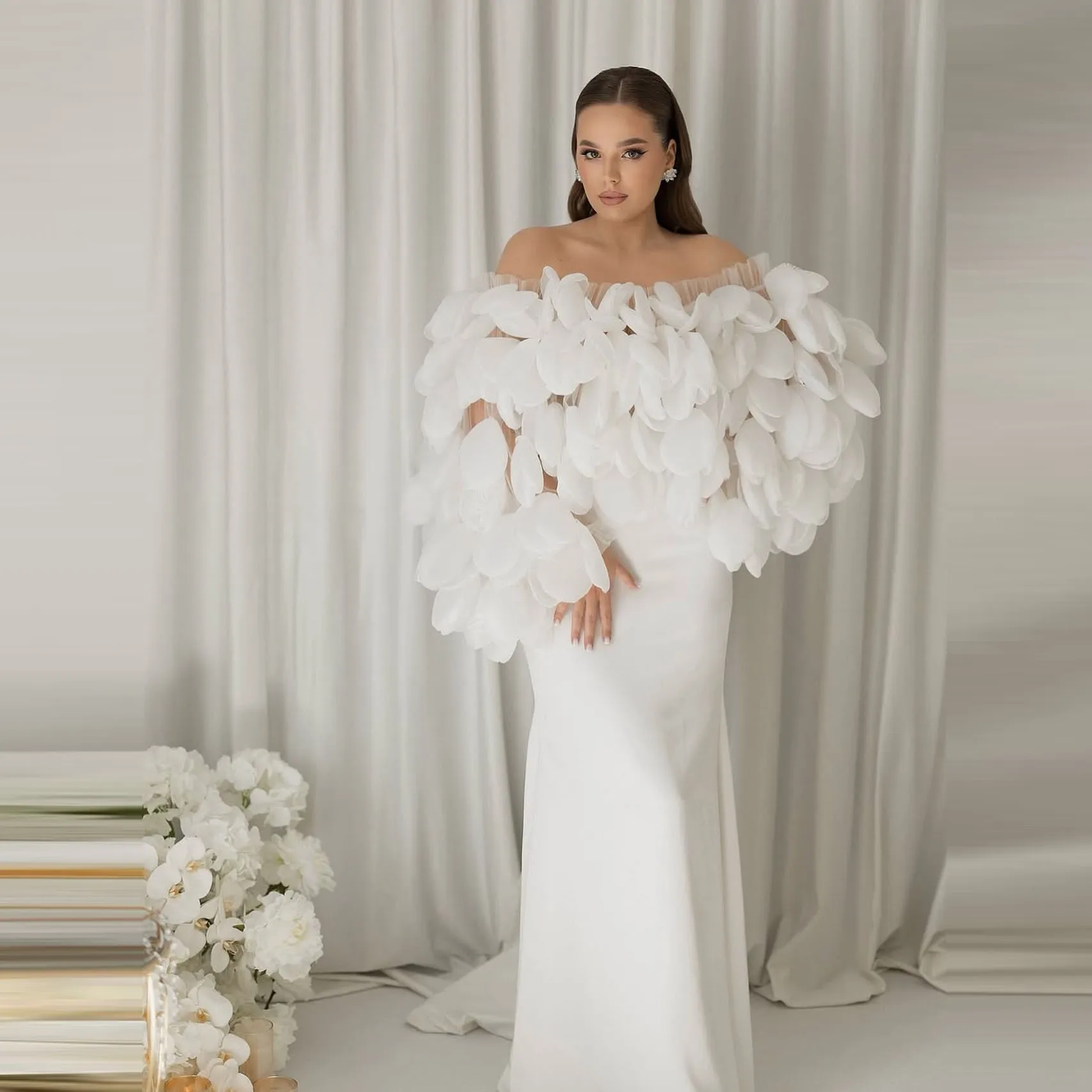 

White Off‑Shoulder Long Sleeve Floral Petal Top Summer Blouse, Boho Romantic Style, Ethnic Style Tops, Asymmetric Hem Cloth