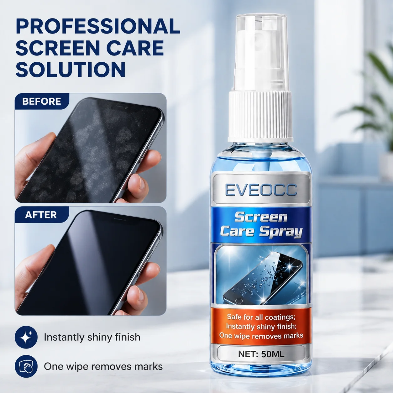 Portable Screen Care Spray 50ml, Gentle Screen Cleaning Liquid Safe for All Screen Coatings Phone Laptop TV Monitor