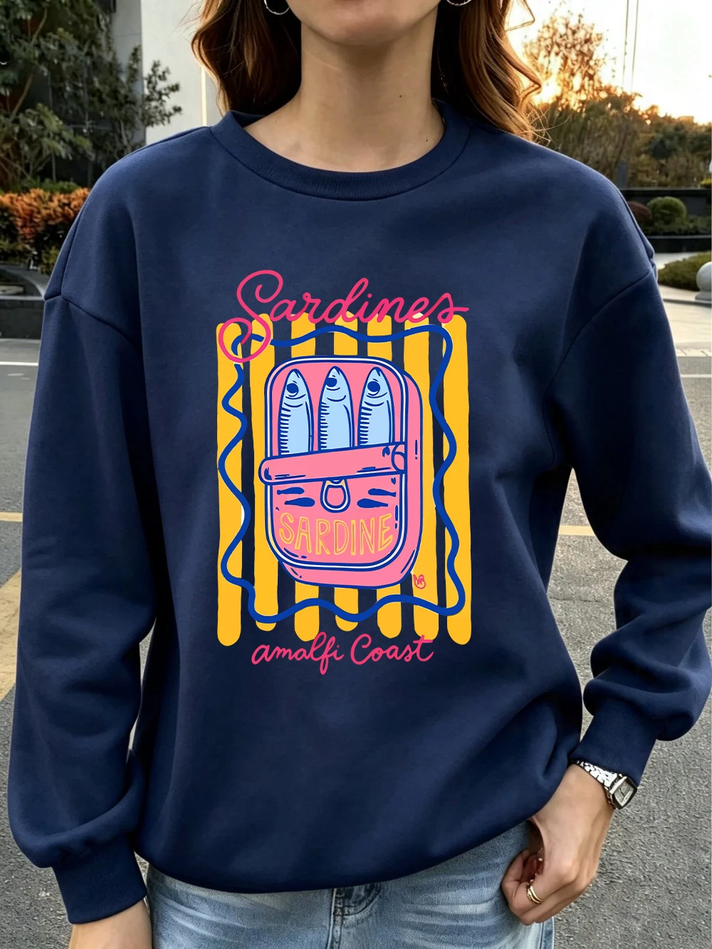 Sardines Amalfi Coast Prints Sweatshirts für Damen, Fleece, warm, bequem, Kapuzenpullover, Rundhalsausschnitt, lockere Oberteile, Winter, lässige Damenkleidung – Detail 19