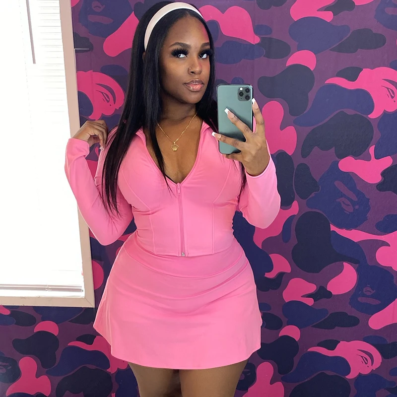 

CUTENOVA Women Solid Color Stand Collar Long-Sleeved Slim Zipper Short Top + A-Line Skirt Two-Piece Set Casual Simple Sports Set