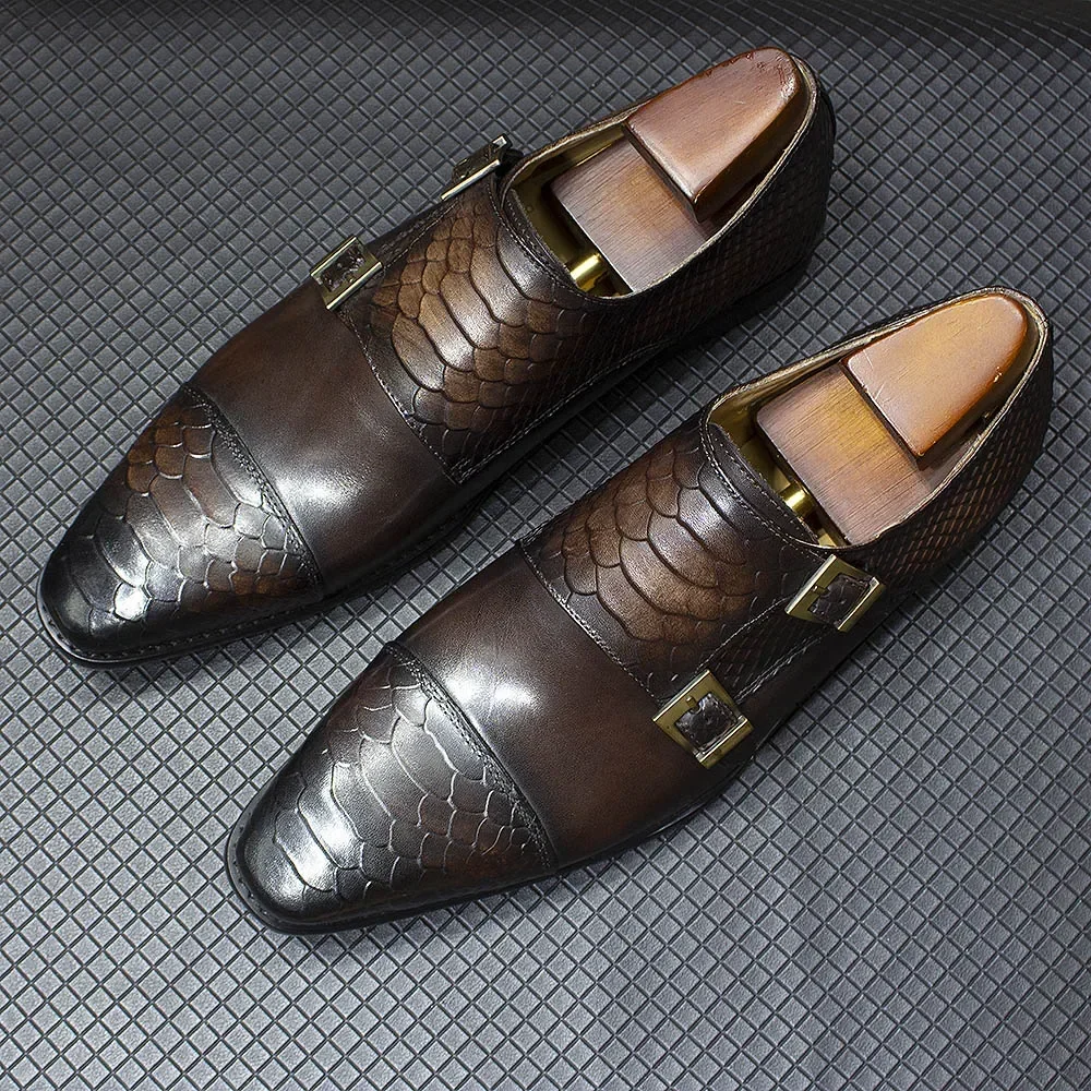 Chaussures de luxe à Double boucle pour hommes, chaussures habillées en cuir véritable, motif Crocodile classique, chaussures formelles de bureau et d'affaires