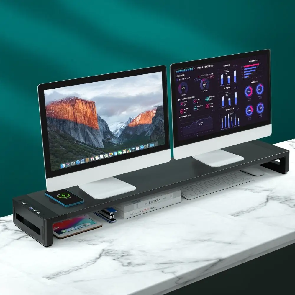 RGB Lights Monitor Stand Riser with USB Foldable USB 3.0 & 2.0 Hub Laptop Holder Phone Holder with Storage Drawer