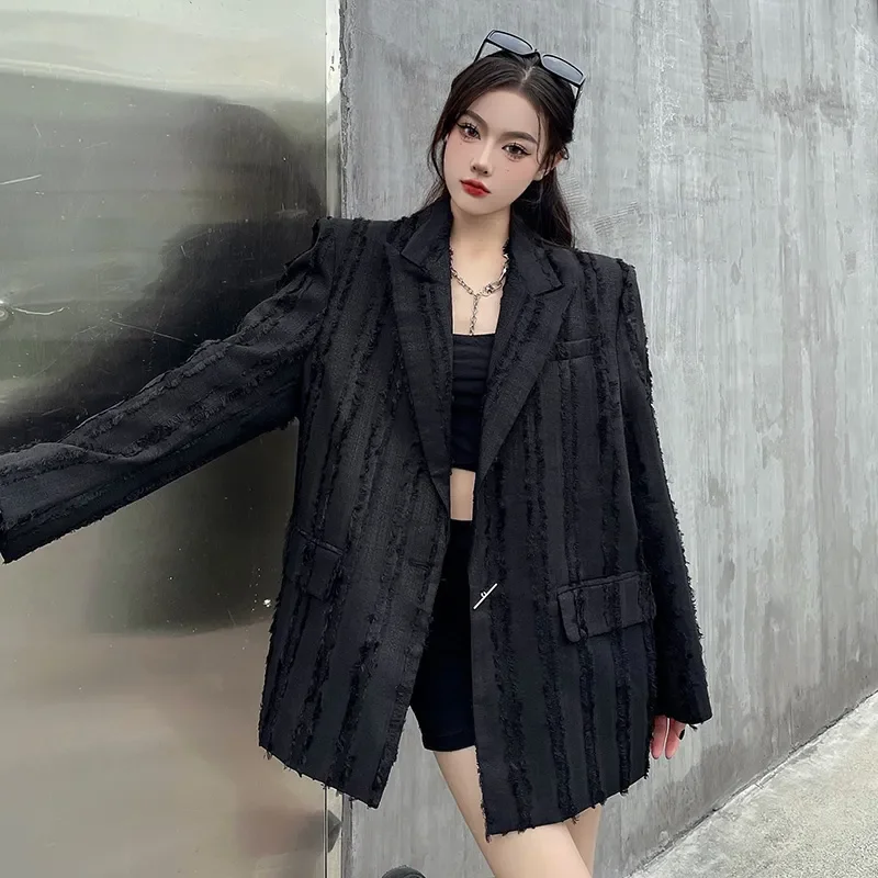 Spring Autumn Sense Of Design Suit Jacket Women 2024 New Fashion Loose Casual Coat Tassels Pure Colour Black Blazer Female