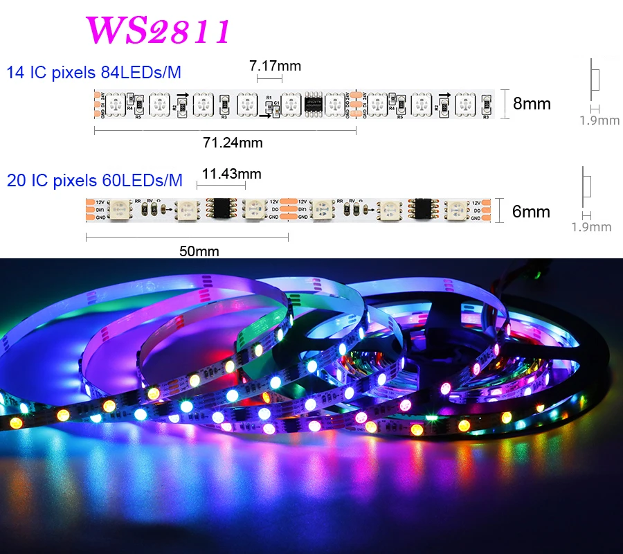 

12V 24V 5m Narrow side addressable WS2811 LED Strip 60/84leds/m 5050 RGB pixel flexible Light Tape External IC 6mm/8mm PCB IP30