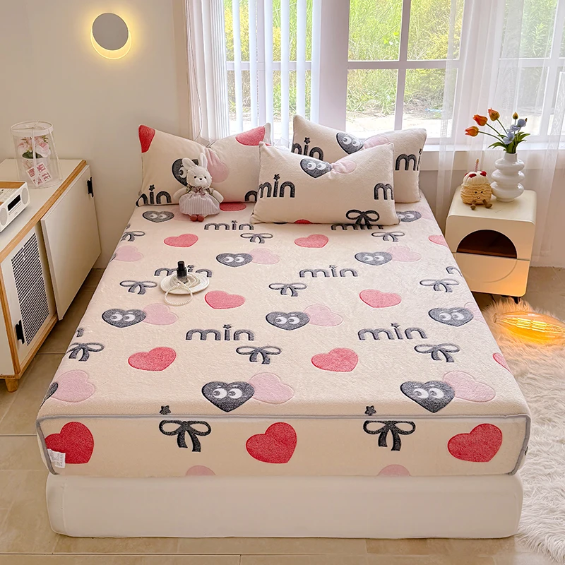 

2025 New Snowflake Fleece Bed Hat Thickened Warm Cartoon Mattress Cover for Autumn Winter Come with Elastic Bed Sheet Covers