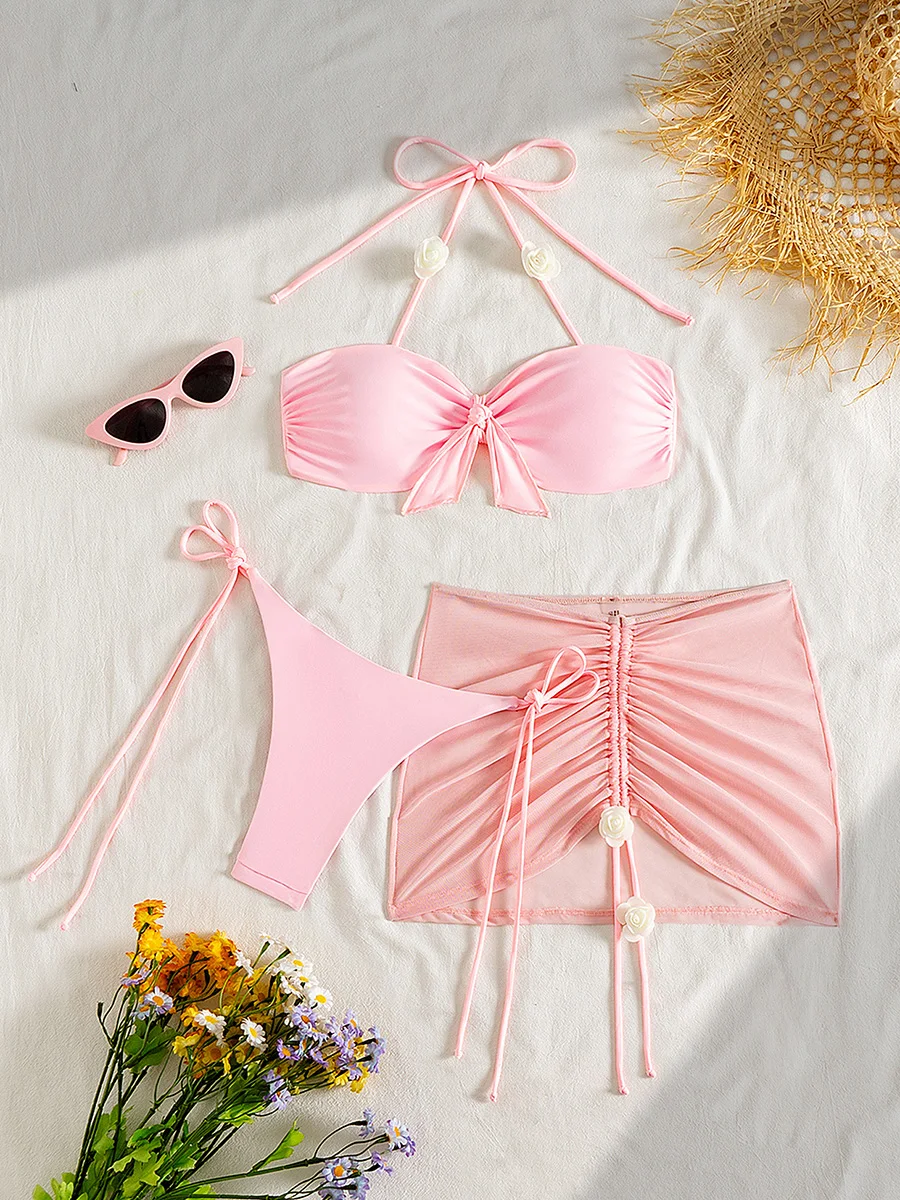 3D Flower Halter Bow Knotted Bikini Women Swimsuit Female Swimwear Three pieces Bikini Set Bather Bathing Suit Swim Beachwear