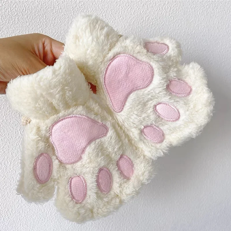 Soft Plush Cute Cat Paw Gloves Fluffy Claw Fingerless Gloves Warm Panda Glove Half Finger Women Girls Winter Wear Mittens Gifts