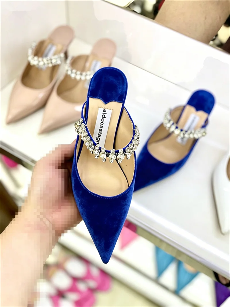 

New Spring & Autumn European & American Style Women's Mules, High-Quality Corduroy High Heels with Diamond Decoration