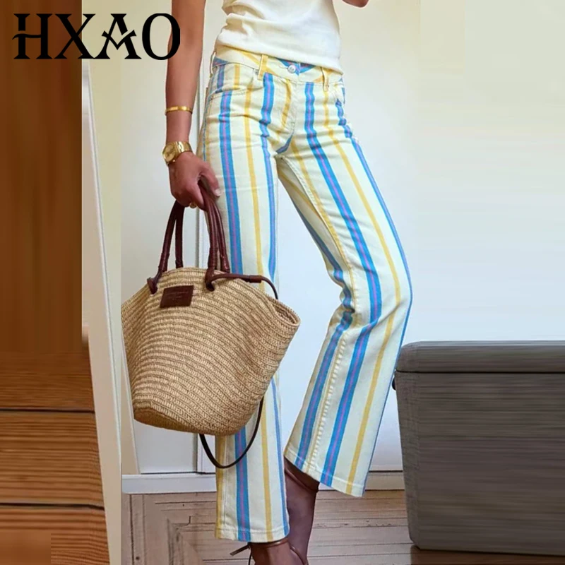 Pantalones Vaqueros a Rayas para Mujer HXAO, Verano 2026, Estilo Boho Palazzo, Pierna Recta, Cintura Baja, Moda Urbana