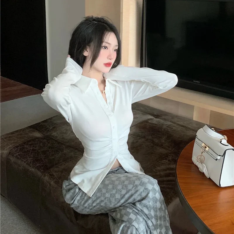 Shirring Design Shirts Women Fashion Solid Inside Preppy Style Slim Ulzzang All-match Vintage High Street Autumn Soft Lady Tops