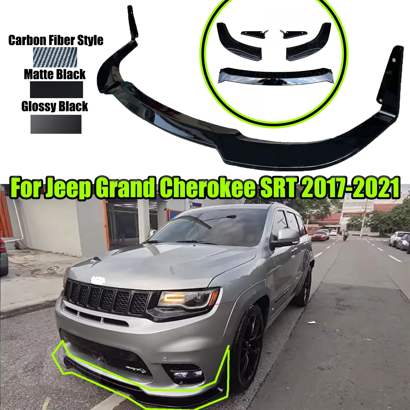 5Pcs Car Front Bumper Lip Spiltter Arch Winglet Glossy Black Matte For Jeep Grand Cherokee SRT 2017-2021/Trackhawk 2018-2021