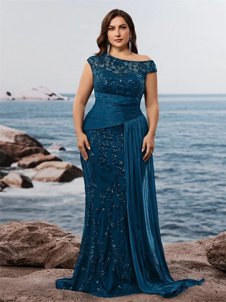 Plus Size Elegant Sleevesless Sequins Patchwork Ribbon Formal Evening Dresses Luxury Blue Mermaid Party Cocktail Gowns