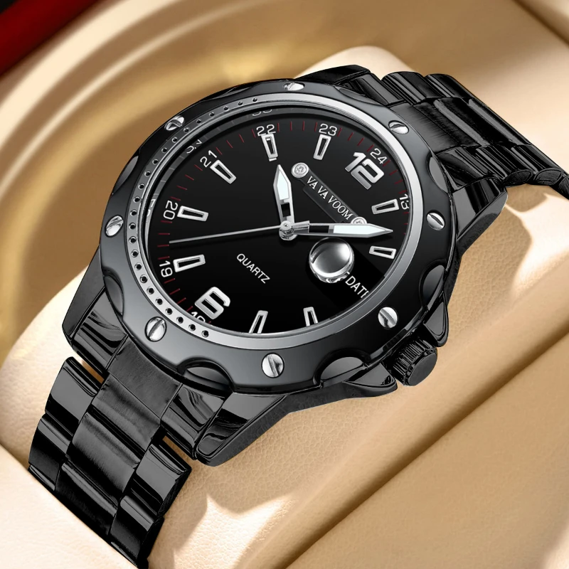 

VA VA VOOM 2411 New Quartz Fashion Calendar Night Light Waterproof Stainless Steel Personality Watches for Man Montres Hommes