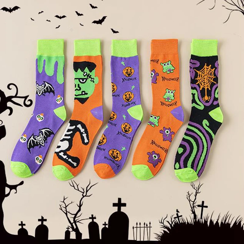 New Halloween Female Socks Cartoon Pumpkin Monster Skull Bat Pattern Funny Tide Socks Fashion Colorful Hot Selling Cotton Socks