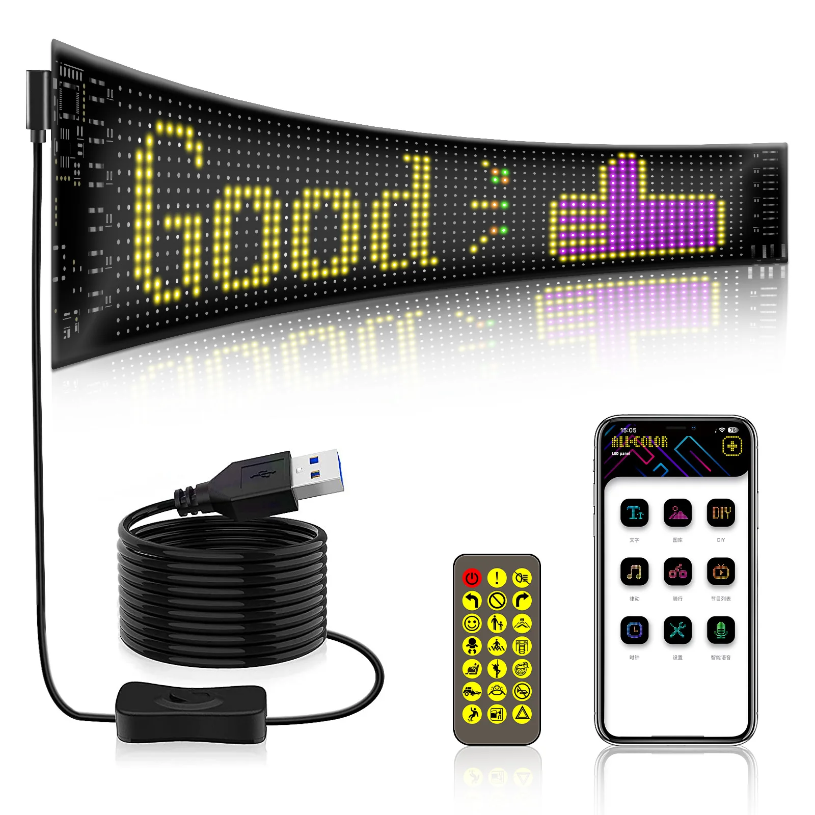 

Smart LED Matrix Panel Scrolling Bright Advertising USB 5V Bluetooth App Remote Controlled Sign Light Programmable LED Car Sign