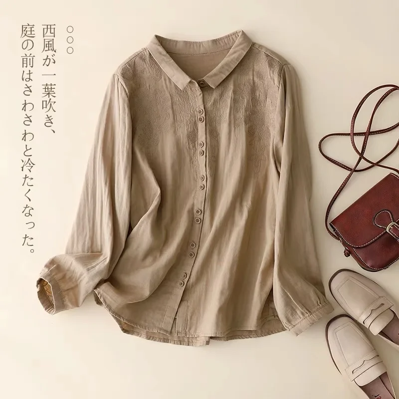 Embroidery Chinese Style Blouses Summer Vintage Women's Shirts Long Sleeve Cotton Linen Clothing Loose Women Top 2024 Korean
