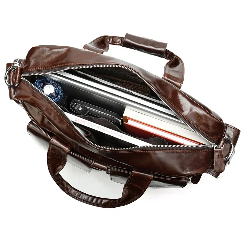 Borsa da lavoro da uomo in vera pelle di grande capacità, valigetta da viaggio, borsa a tracolla in pelle cerata resistente all'usura