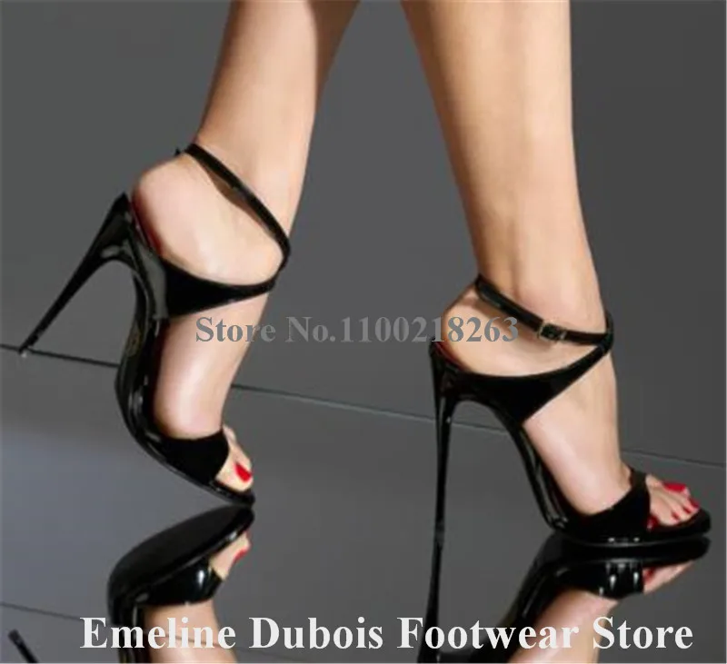 Red Black Patent Leather Sandals Emeline Dubois Open Toe Straps Cross Stiletto Heel Party Dress Shoes Big Size Club Heels