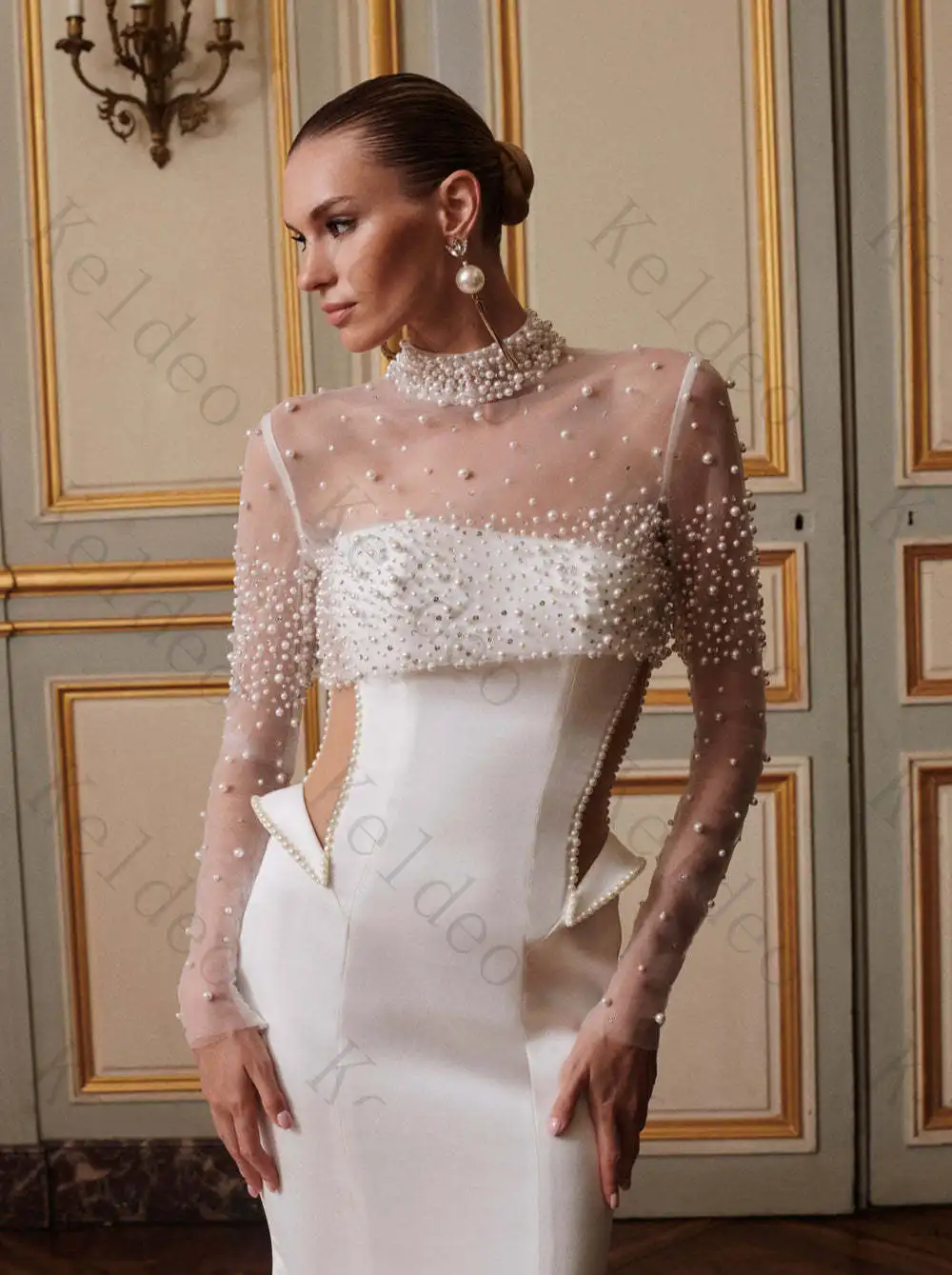 Customized Strapless Mermaid Wedding Dresses Elegant Detachable Pearl Tulle Overlay Open Back Floor Length Bridal Gowns for 2026