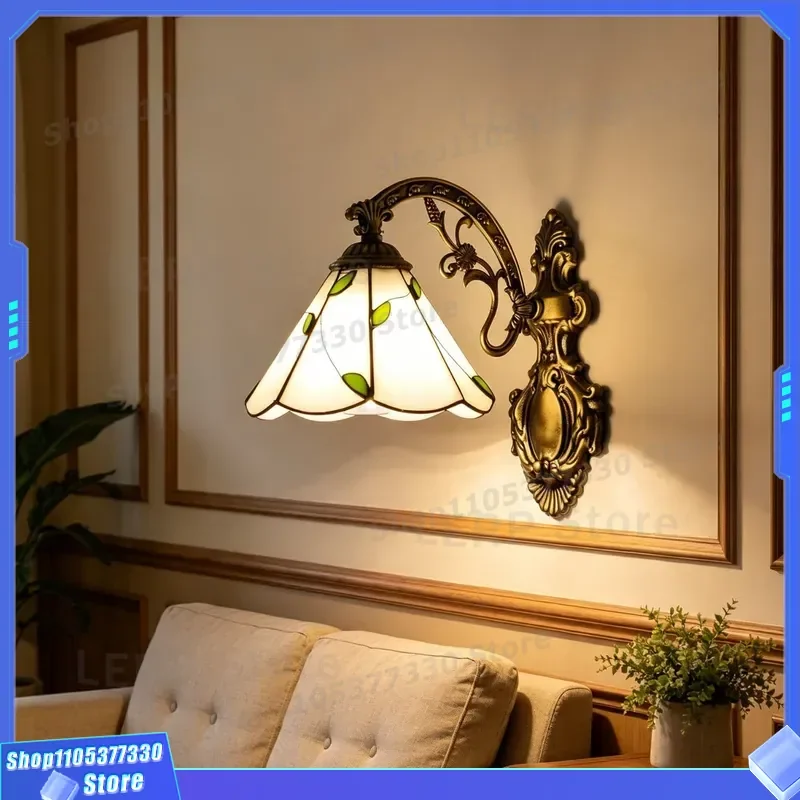 Vintage Tiffany Style Lotus Wall Lamp European Retro Bedroom Bedside Light Pastoral Corridor Mirror Front Sconce Wholesale