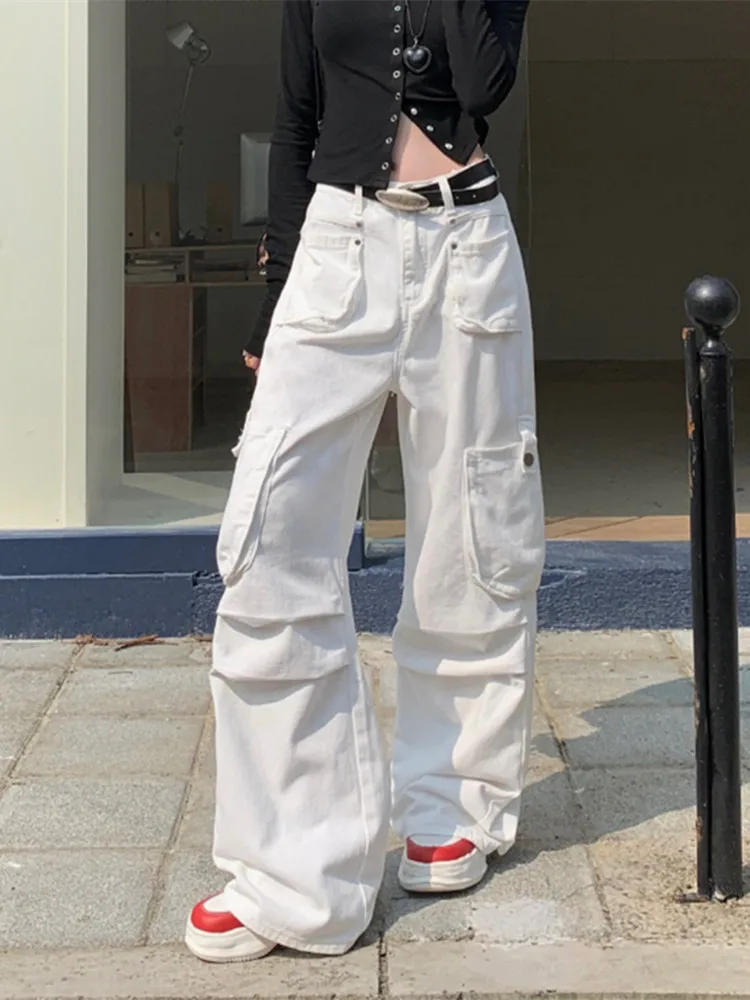 2024 Ropa Y2K Streetwear Wine Red Multi Pockets Baggy Jeans pants For Women Clothes Wide Leg Luxury Casual Lady Cotton Trousers