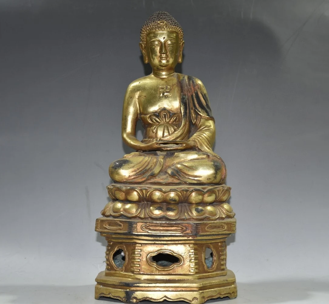 

13"Tibetan Temple Collection Old Bronze Gilt Amitabha Shakyamuni lotus platform Sitting Buddha ornament Town house Exorcism