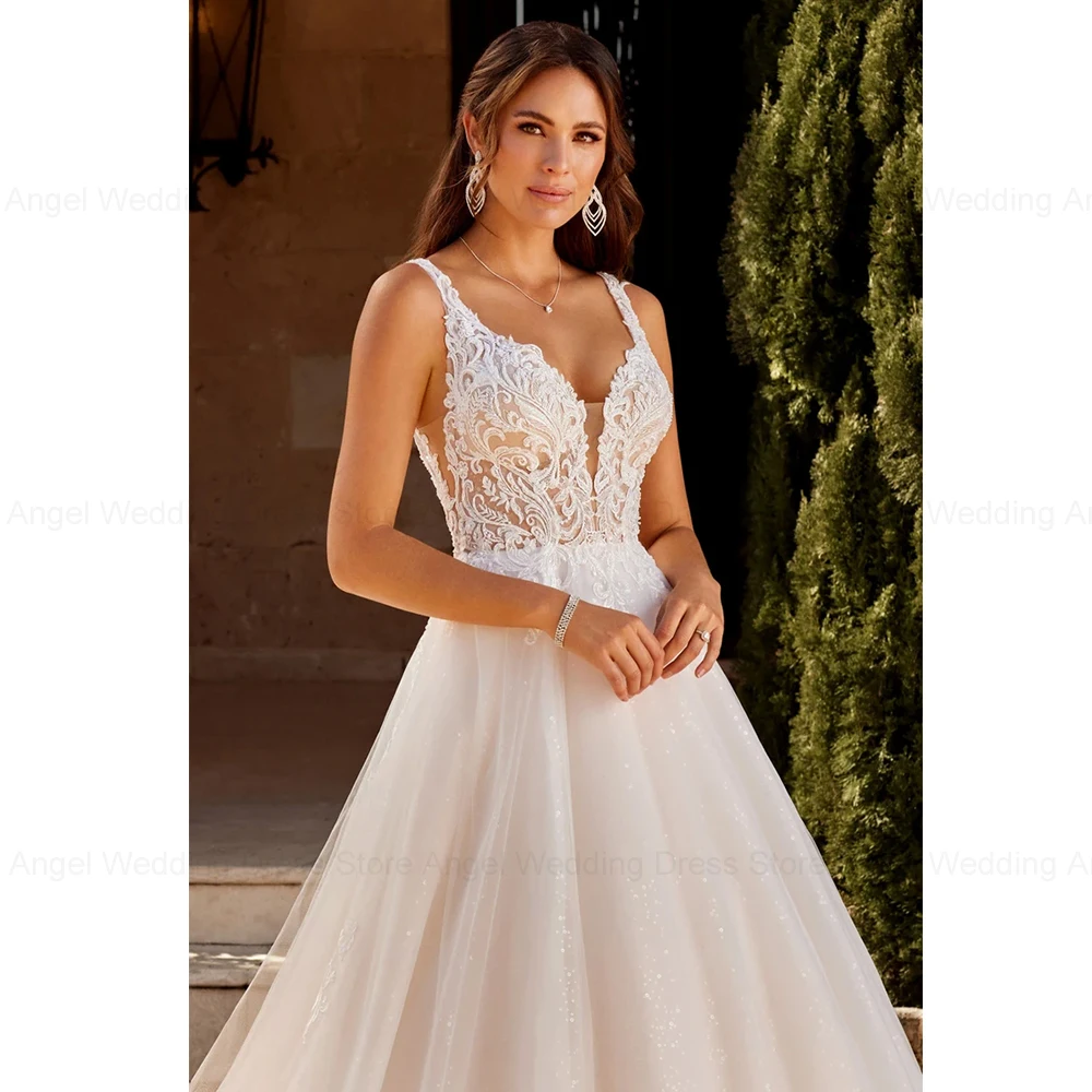 Anjo cintas de espaguete vestido de casamento para mulher personalizado sem mangas apliques robe de mariée tule a linha sem costas festa de noiva