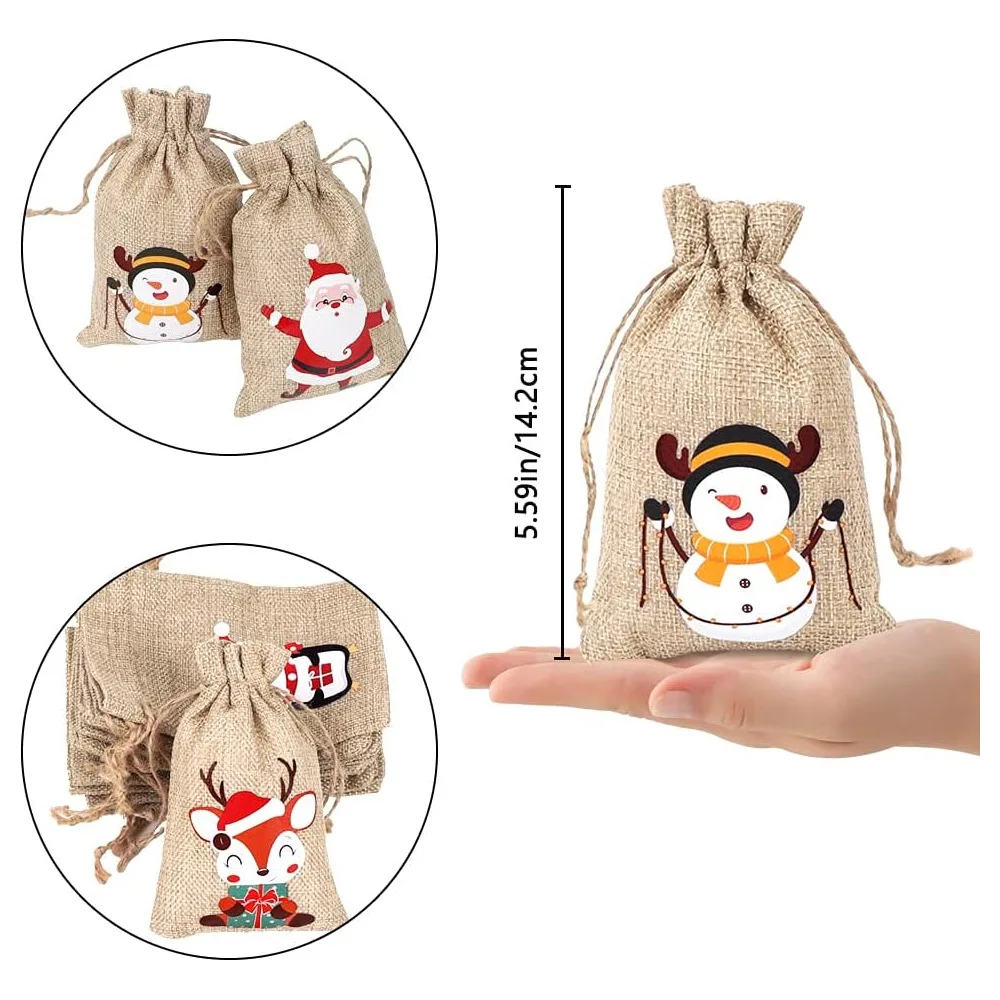 30pcs/lot 10*15cm Christmas Tree Elk Santa Claus Linen Drawstring Pouches Children Christmas Gift Candy Cookie Packaging Bags