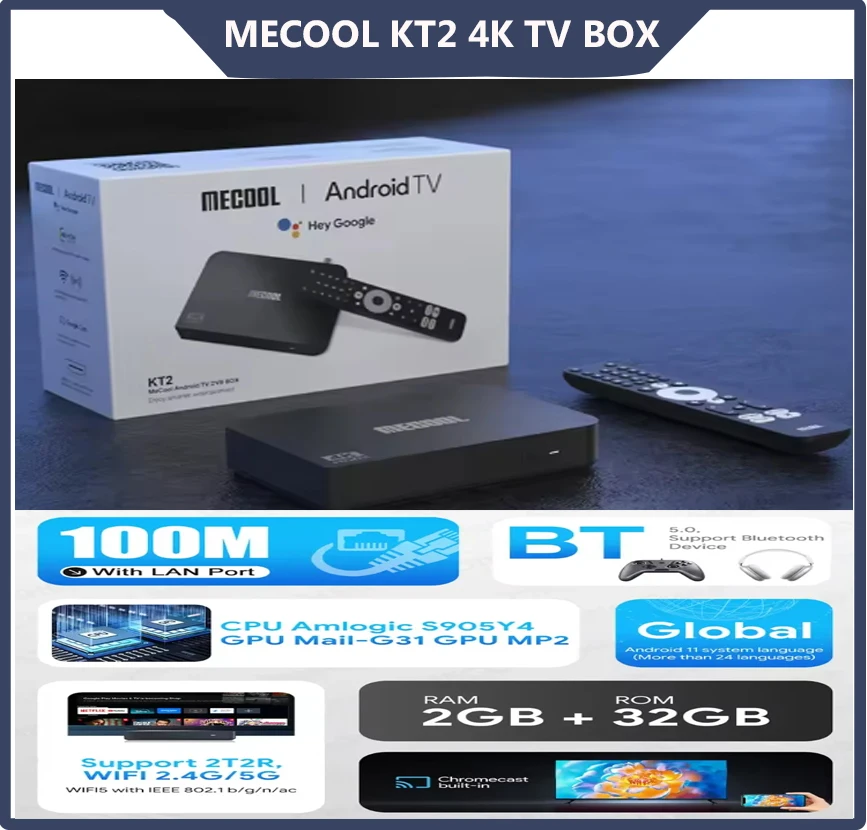 MECOOL KT2 DVB-T2 Android 11 TV Box Amlogic S905Y4-B BT5.0 Google Netflx معتمد ATV 100M 2G + 32G WIFI 2.4G/5G 2T2R صندوق الوسائط
