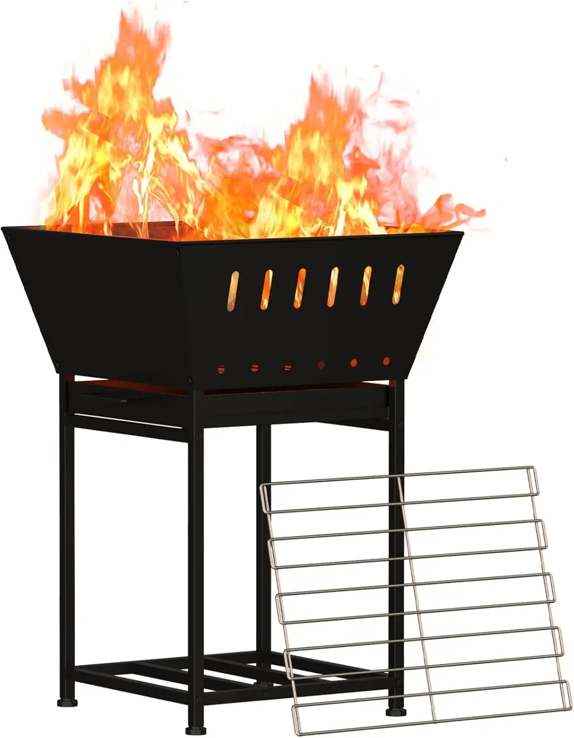 

Wood Burning Fire Pit for Outside - 24 Inch Outdoor Fire Pit with Grill, 2-in-1 Square Firepit with Ash Tray and Wood Stor