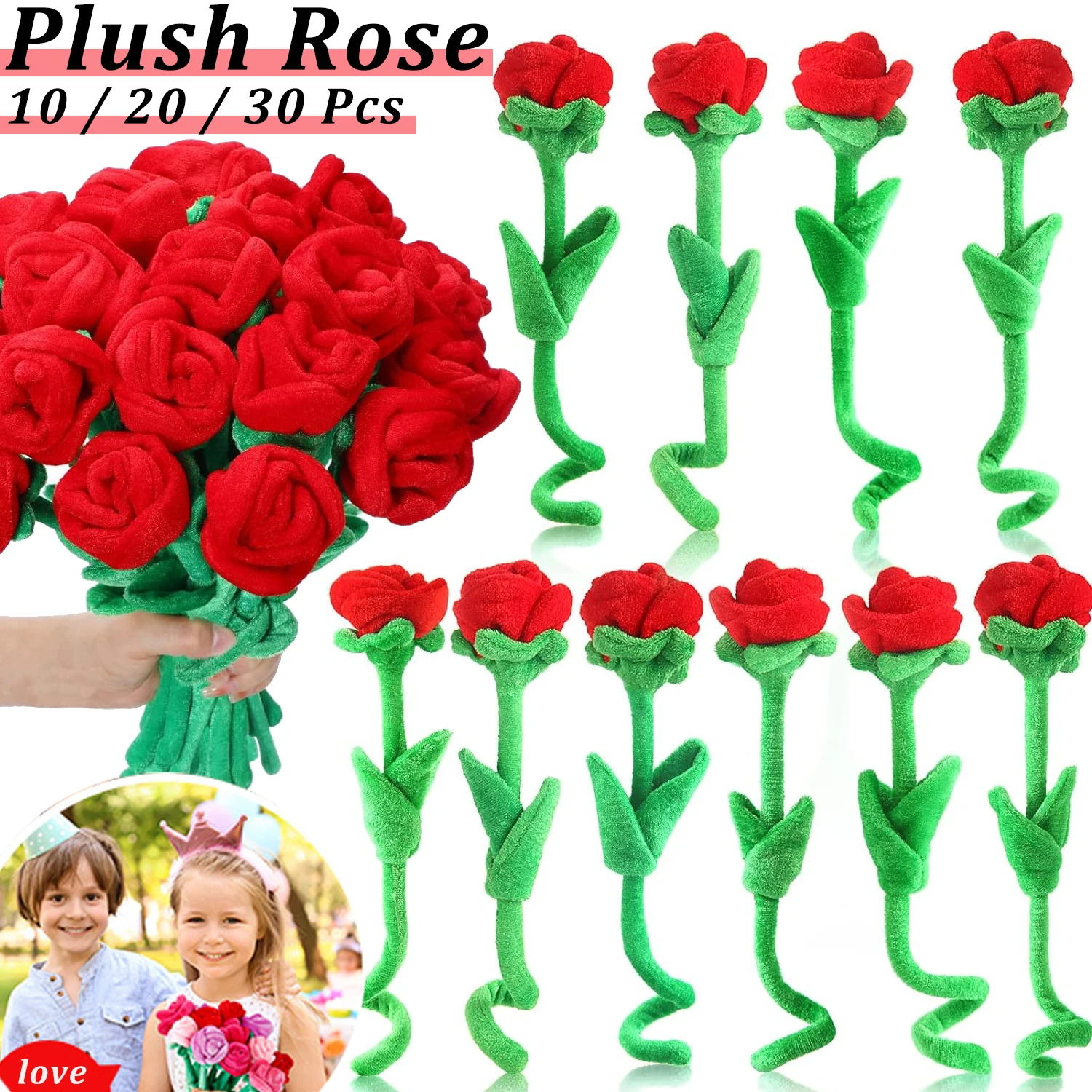 

10-30Pcs Plush Rose Flower Stuffed Flower Bendable Stems Plush Bouquet Toy Soft Rose Flower for Classroom Valentines Day Girl