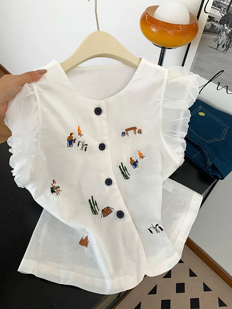 

Summer Shirts 2026 Women's Clothing Temperament Lady Tops Flying Sleeve Cartoon Embroidery Blouse Fashion White Camisas De Mujer