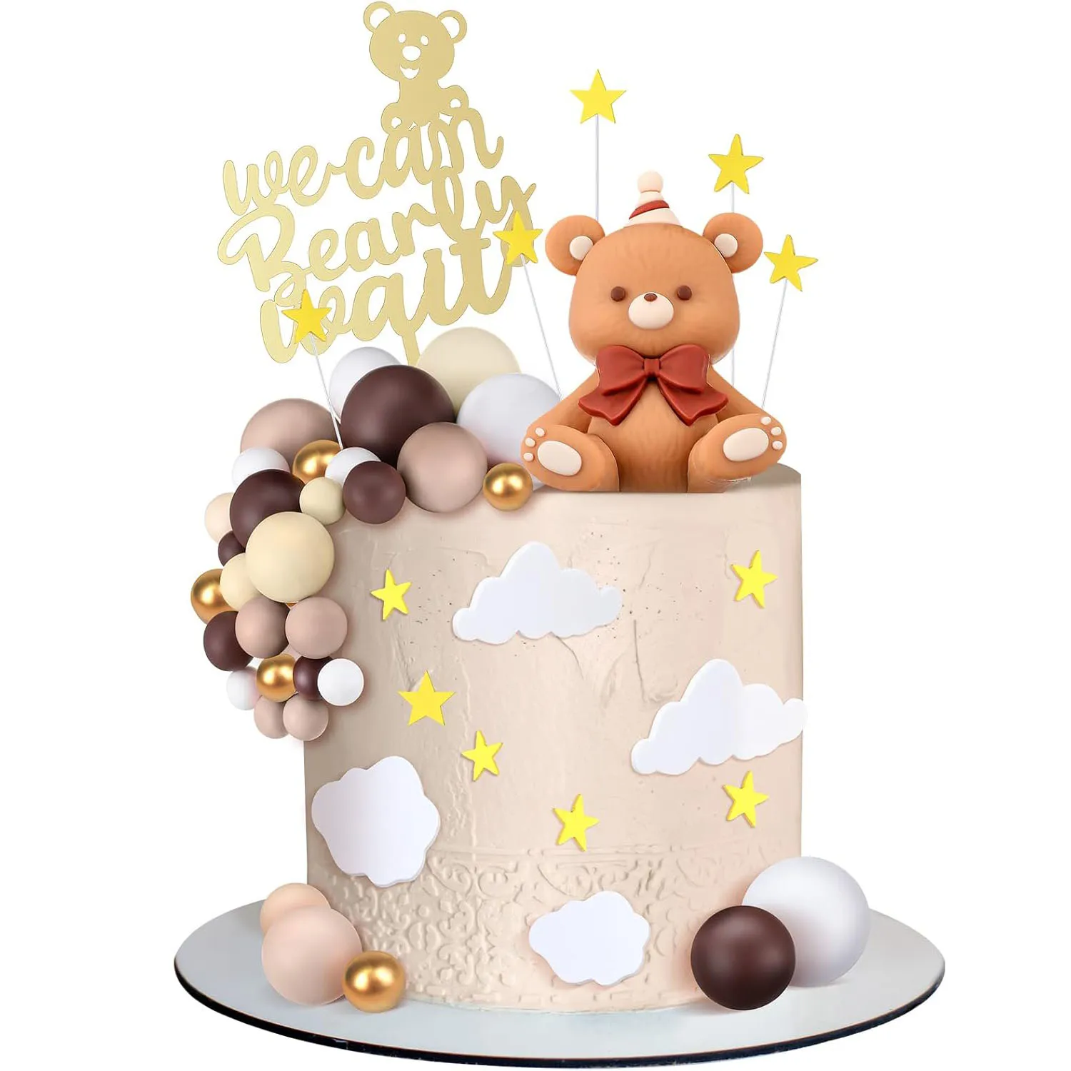 47Pcs We can Bearly Wait Bear Cake Toppers Balls Cake Topper Boho Bear Birthday Cake Decorations for Baby Shower Cupcake Topper