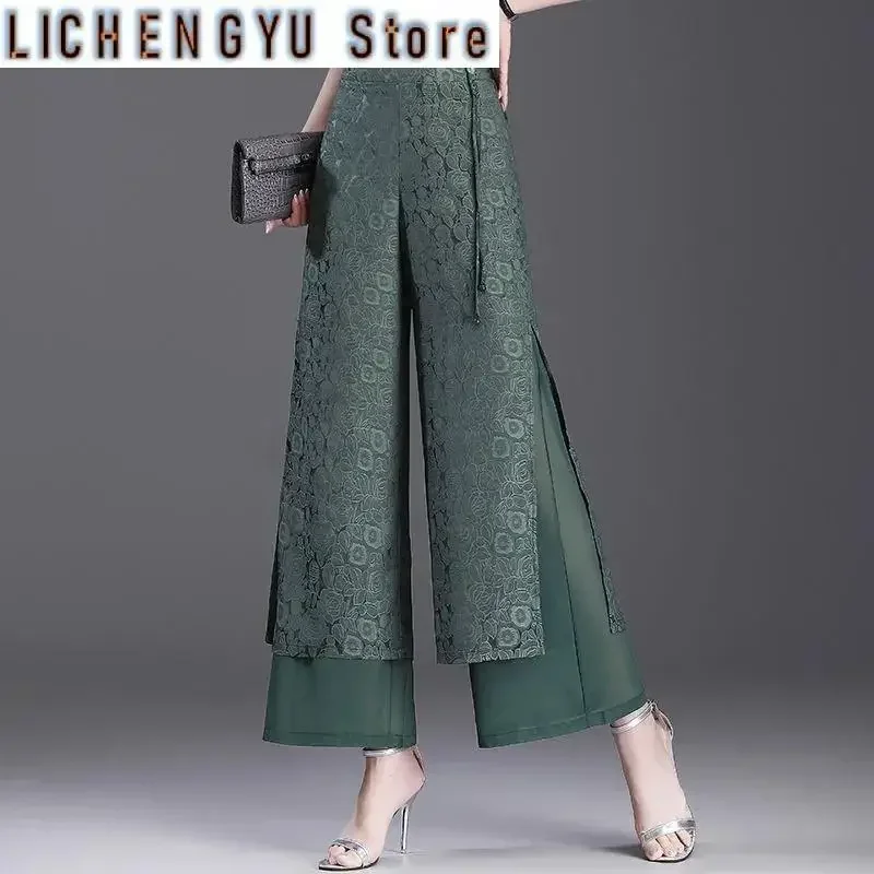 Double Layer Jacquard Chiffon Wide Leg Pants Female Side Split Thin Pants Summer High Waist Trousers Ladies Casual pants