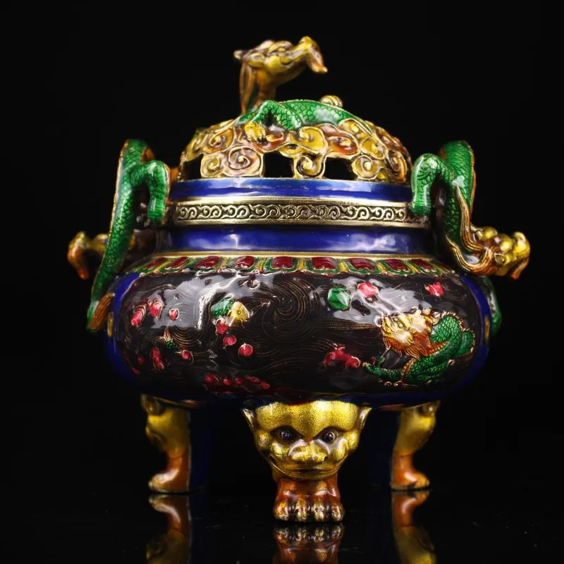 Incense burner ornament with copper inlay and cloisonné dragon design, home decoration craft, antique collectible