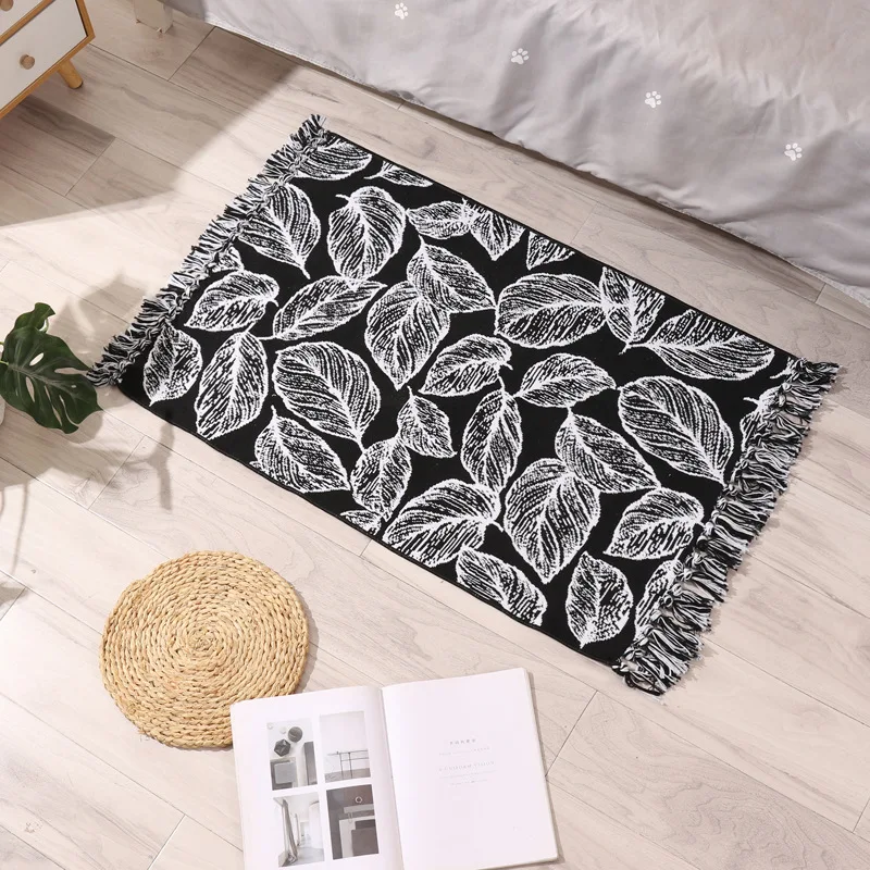 Inyahome-Handmade Cotton Linen Soft Carpet, Tassel Rug, Living Room, Bedside Floor Mat, Home Boho Decor Carpets, Black and White