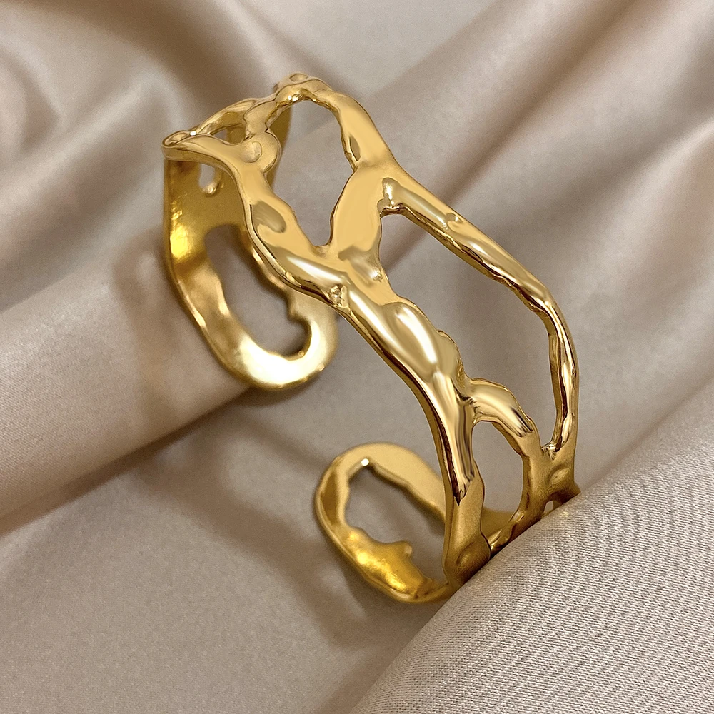 316L Stainless Steel Irregular Hollow Open Cuff Bangles for Women Fashion Gold Color Geometric Unique Design Bangles Bracelets