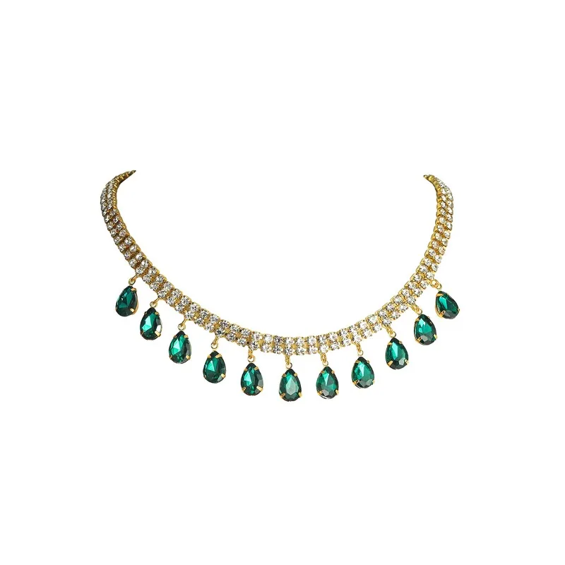 

High end luxury green crystal collarbone chain, women's fashionable and versatile rhinestone necklace, bridal accessories