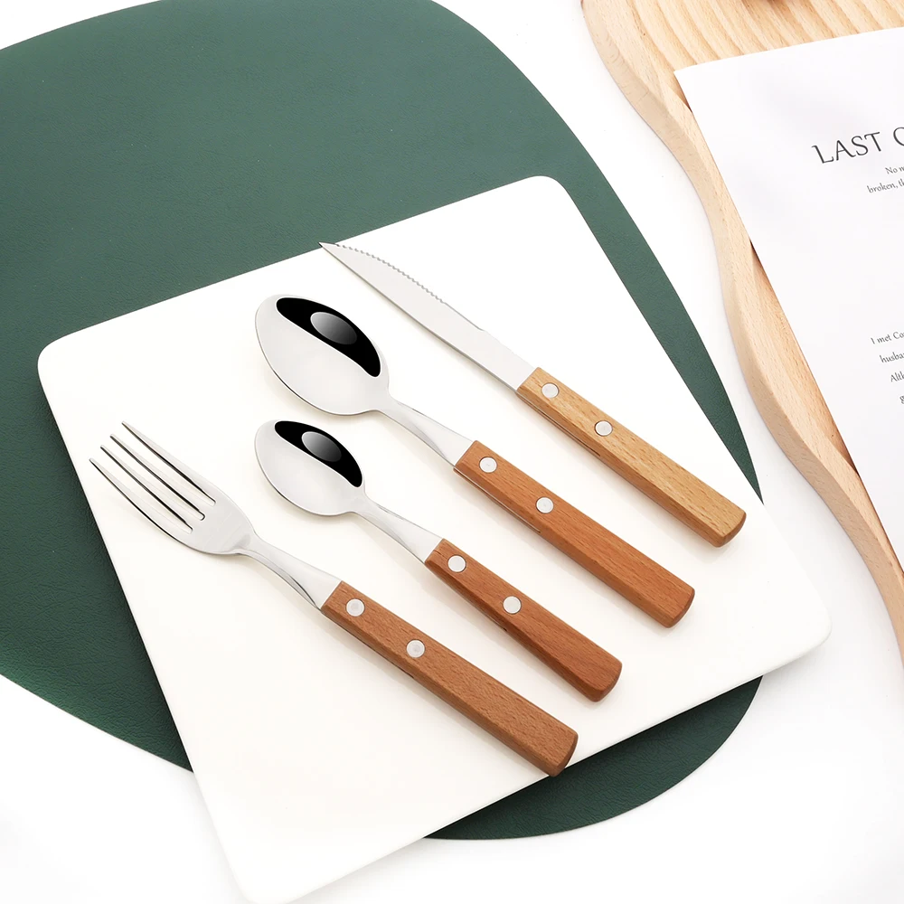 6/10Pcs flatware Set Natural Wood Handle Steak Knives Cutlery Stainless Steel Dinner Knife Dinnerware Kitchen Silverware Set