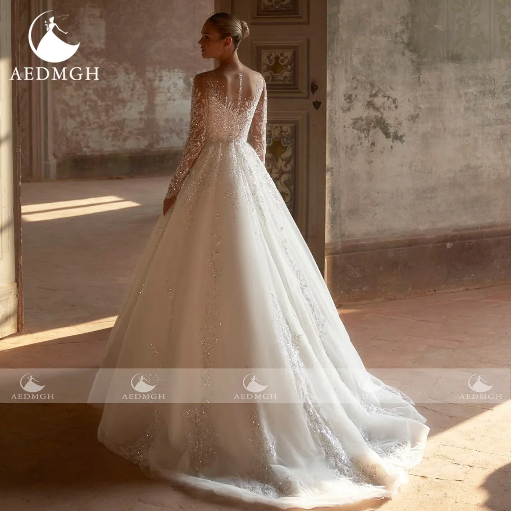 Aedmgh A-Line Elegant Wedding Dresses O-Neck Long Sleeve Vestido De Novia Lace Embroidery Vintage Custom Made Bridal Gown