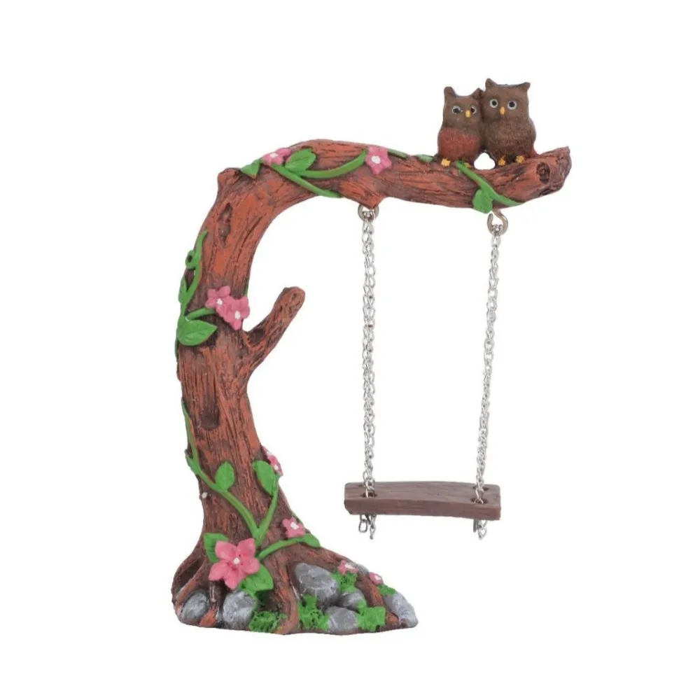 

Durable Cute Garden Owl Swing Statue Funny Handmade Mini Swing Figurine Resin Crafts Owl Stump Ornament For Outdoor Gardens