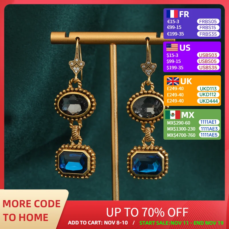 

Vintage Blue Drop Earrings Rhinestones Black Crystal Square Woman Antique Luxury Quality Jewelry Gold Color Summer Accessories