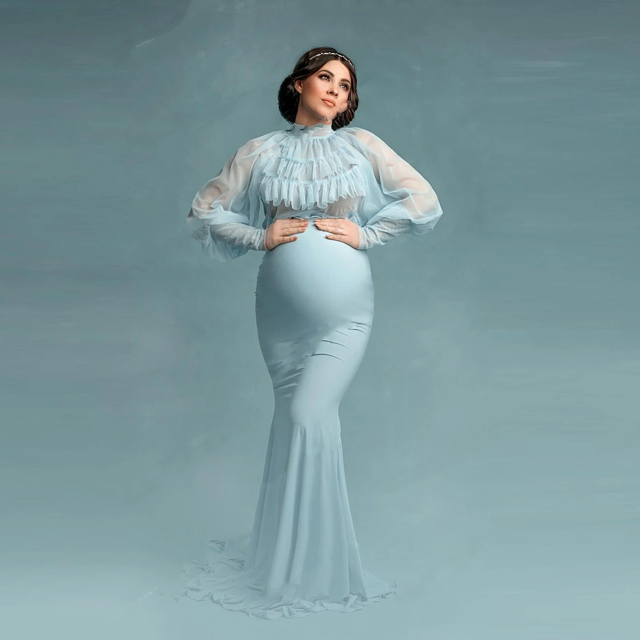 Pretty Pale Blue Stretchy Pregant Women Dresses Baby Shower Photography Full Sleeves Mermaid Puffy Maternity Dress Photo Shoot