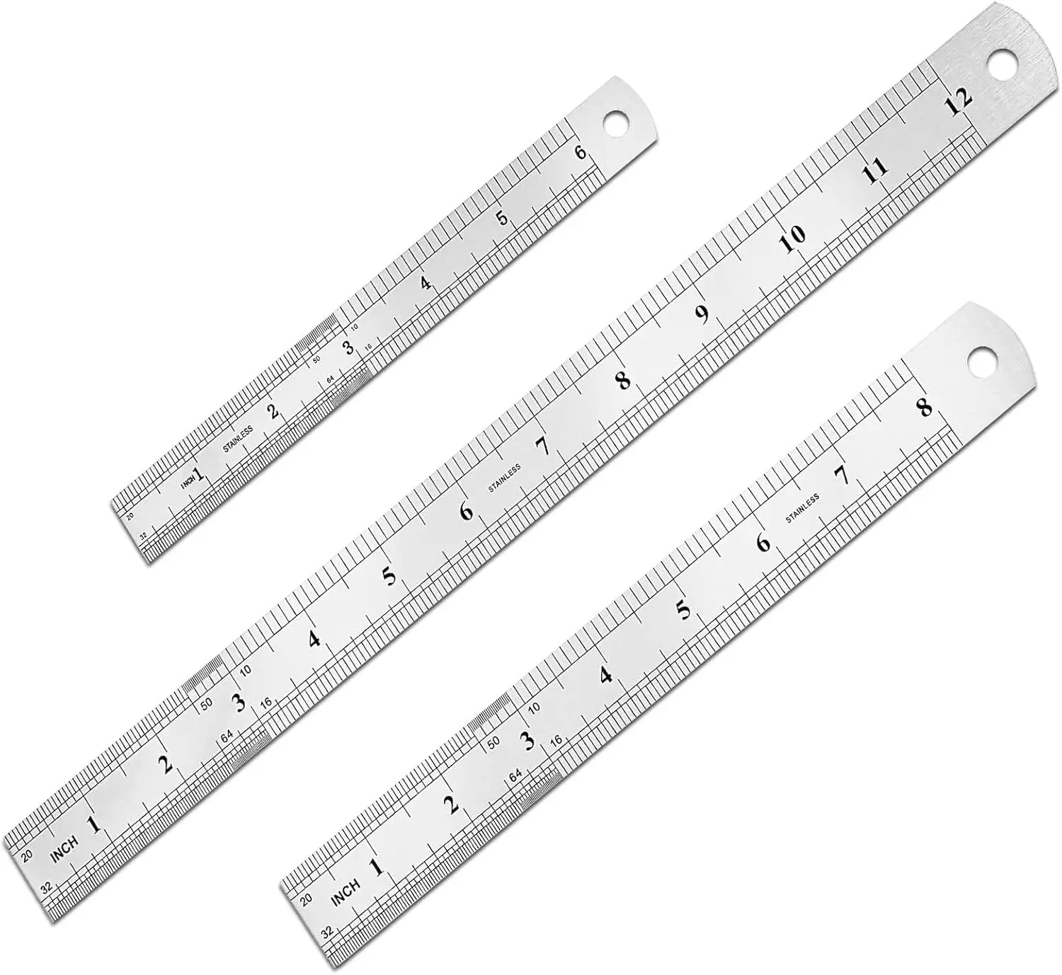 

3 Pack Metal Ruler Set, Double-Sided Scale 6/8/12 Inch & 15/20/30 cm, Stainless Steel Rulers for Precision Measuring, Home