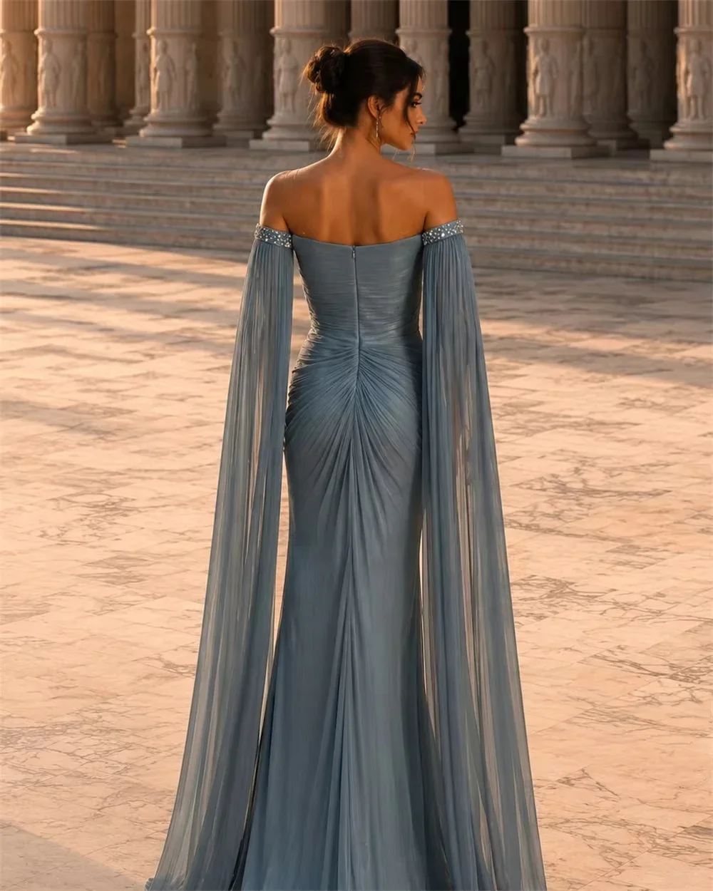 Gray Chiffon Slit Long Bespoke Occasion Gown Evening Dresses Pastrol Unisex Jersey Retro Dubai Saudi Arabic Prom Customized