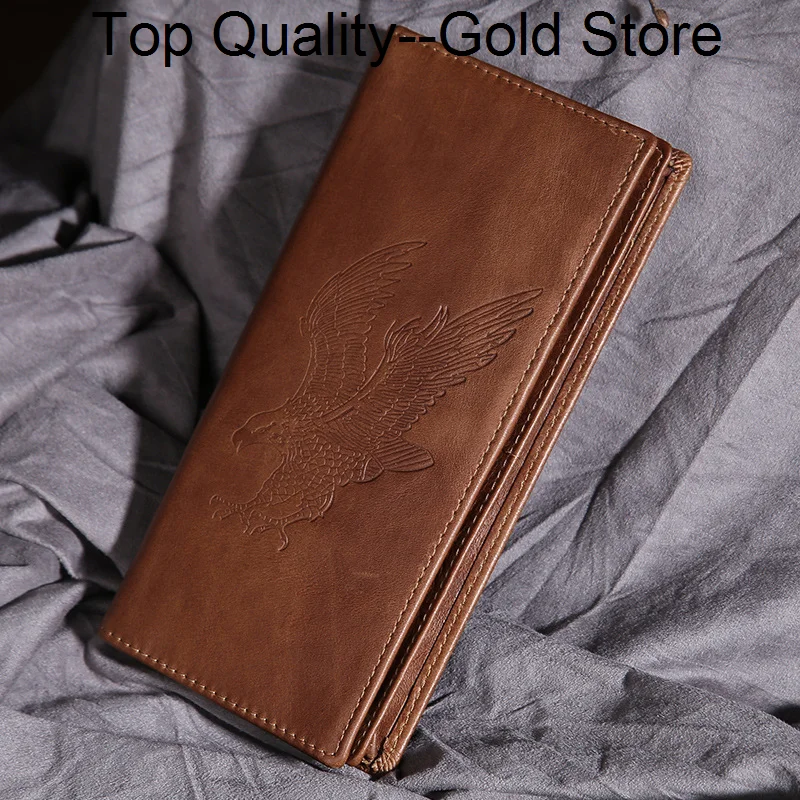 

Unisex Genuine Oix Wax Leather Long Wallet Eagle Pattern Design Men Coin Pocket ID/Credit Card Holder Women Bifold Purse