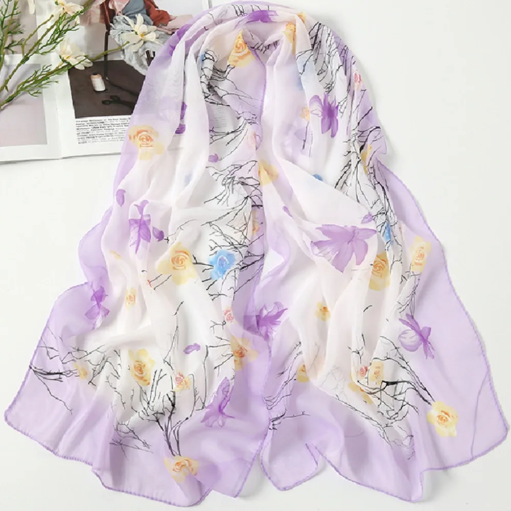 Elegant 160*50cm Chiffon Scarf Sunscreen Gradient Shawl Silk Flower Print Washable Beach Gauze Scarf for Women