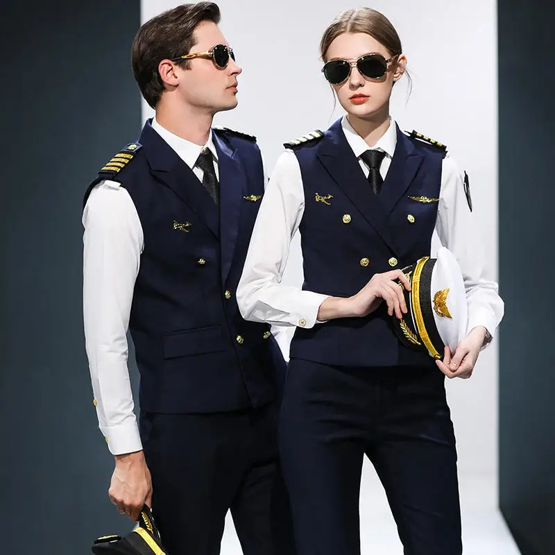 Custom Fashion Design Air Pilot Stewardess Hostess Cabin Crew Flight Attendant Airline Uniforms Waistcoat + Shirt + Pants Suit