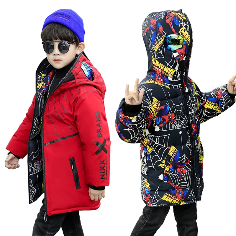 

2-14 Years Boys Winter Hooded Jacket Kids Winter Coat Boy Parka Children Winter Clothing Spiderman Outerwear Can Wear Both Sides